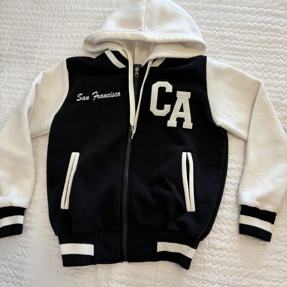 Ocean Beach Sportswear San Francisco CA Varsity Hooded Jacket Black White XS